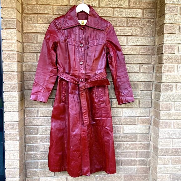 Vintage 70’s Long Leather Trench Coat Penny Lane Oxblood Belted Maxi Boho Jacket - Picture 17 of 17